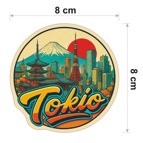 Kolorowa, wodoodporna naklejka o średnicy 8 cm. Naklejka przedstawia kilka elementów Tokio, flagę Japonii w tle i napis Tokio.