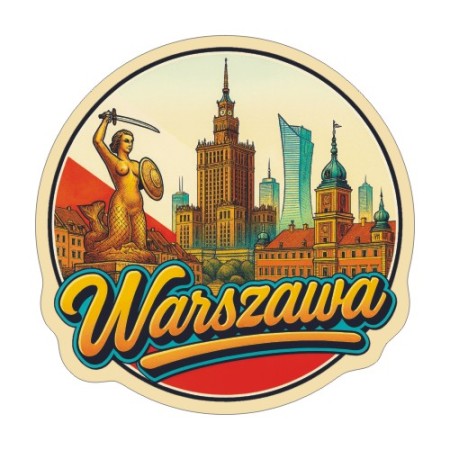 Naklejka Warszawa z symbolami tego miasta, napisem Warszawa i flagą Polski w tle. Naklejka jest wodoodporna, okrągła i kolorowa z kremową obwódką.