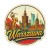 Naklejka Warszawa z symbolami tego miasta, napisem Warszawa i flagą Polski w tle. Naklejka jest wodoodporna, okrągła i kolorowa z kremową obwódką.