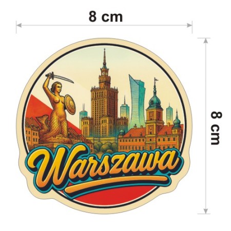 Kolorowa, wodoodporna naklejka o średnicy 8 cm. Naklejka przedstawia kilka elementów Warszawy, flagę Polski w tle i napis Warszawa.