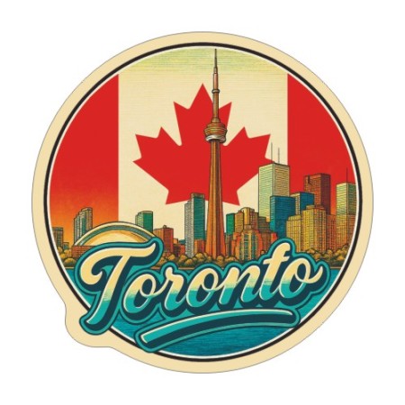Naklejka Toronto z symbolami tego miasta, napisem Toronto i flagą Kanady w tle. Naklejka jest wodoodporna, okrągła i kolorowa z kremową obwódką.
