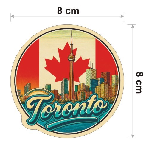 Kolorowa, wodoodporna naklejka o średnicy 8 cm. Naklejka przedstawia kilka elementów Toronto, flagę Kanady w tle i napis Toronto.