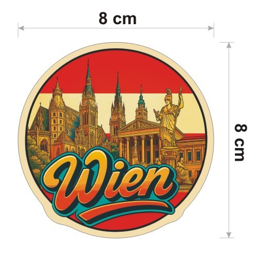 Kolorowa, wodoodporna naklejka o średnicy 8 cm. Naklejka przedstawia kilka elementów Wiednia, flagę Włoch w tle i napis Wien.