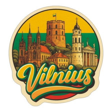 Naklejka Wilno z symbolami tego miasta, napisem Vilnius i flagą Litwy w tle. Naklejka jest wodoodporna, okrągła i kolorowa z kremową obwódką.