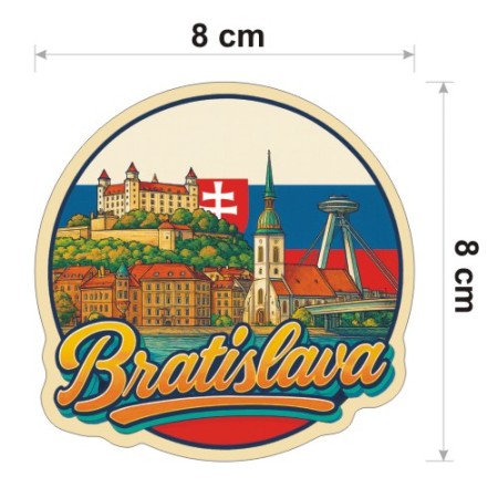 Kolorowa, wodoodporna naklejka o średnicy 8 cm. Naklejka przedstawia kilka elementów Bratysławy, flagę Słowacji w tle i napis Bratysława.