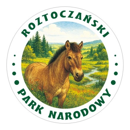 Okrągła, wodoodporna naklejka Roztoczański Park Narodowy z konikiem polskim, jako symbol parku.