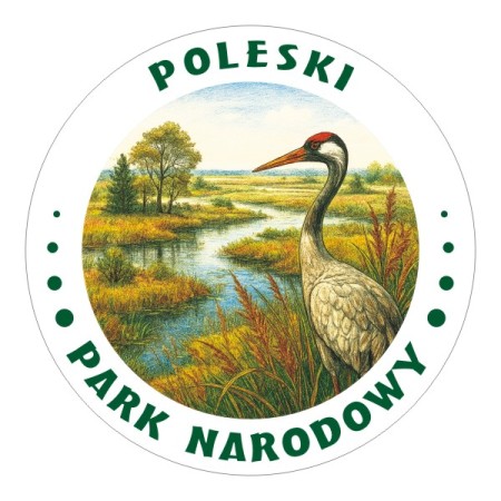 Okrągła, wodoodporna naklejka Poleski Park Narodowy z żurawiem, jako symbol parku.