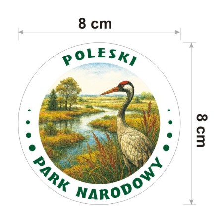 Naklejka Poleski Park Narodowy z żurawiem, jako symbol parku. Naklejka nest okrągła o średnicy 8 cm. Na zewnątrz napis Poleski Park Narodowy.
