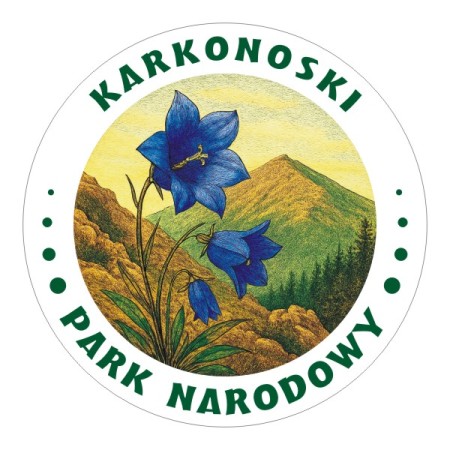 Naklejka Karkonoski Park Narodowy z Babią Górą i dzwonkiem karkonoskim w stylu rysunku.