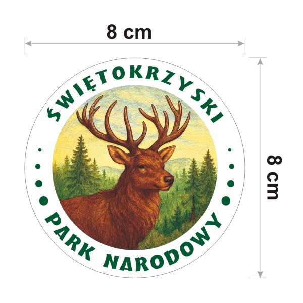 Naklejka Świętokrzyski Park Narodowy z Górami Świętokrzyskimi i jeleniem. Naklejka jest okrągła i ma średnicę 8 cm.