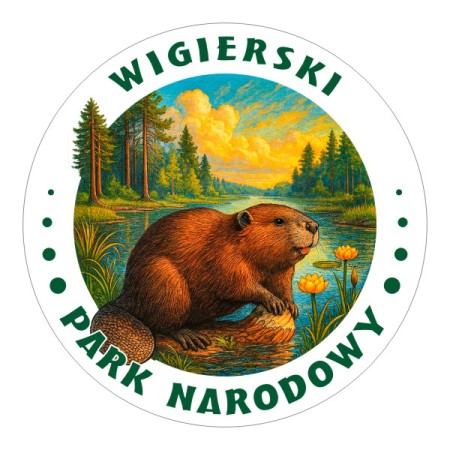 Okrągła, wodoodporna naklejka Wigierski Park Narodowy z bobrem, jako symbol parku.