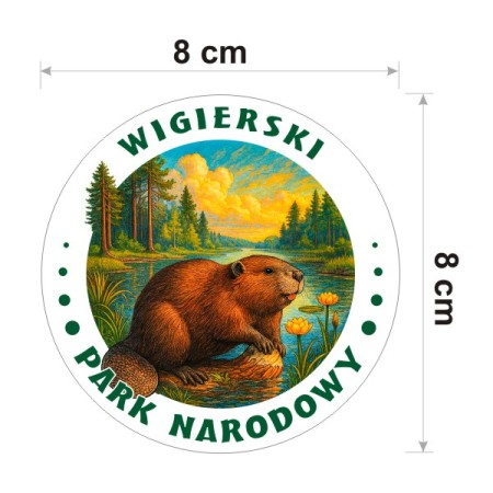 Naklejka Wigierski Park Narodowy z bobrem, jako symbol parku. Naklejka nest okrągła o średnicy 8 cm. Na zewnątrz napis Wigierski Park Narodowy.
