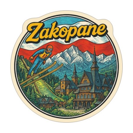 Naklejka Zakopane z symbolami tego miasta, napisem Zakopane i flagą Polski w tle. Naklejka jest wodoodporna, okrągła i kolorowa z kremową obwódką.