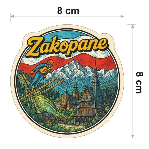 Kolorowa, wodoodporna naklejka o średnicy 8 cm. Naklejka przedstawia kilka elementów Zakopanego, flagę Polski w tle i napis Zakopane.