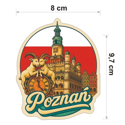 Kolorowa, wodoodporna naklejka o średnicy 8 cm. Naklejka przedstawia kilka elementów Poznania, flagę Polski w tle i napis Poznań.