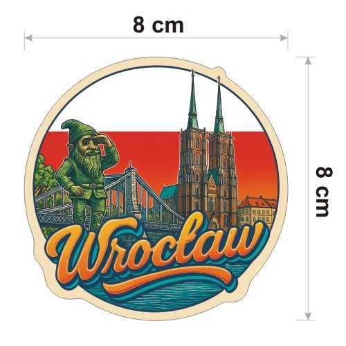 Kolorowa, wodoodporna naklejka o średnicy 8 cm. Naklejka przedstawia kilka elementów Wrocławia, flagę Polski w tle i napis Wrocław.