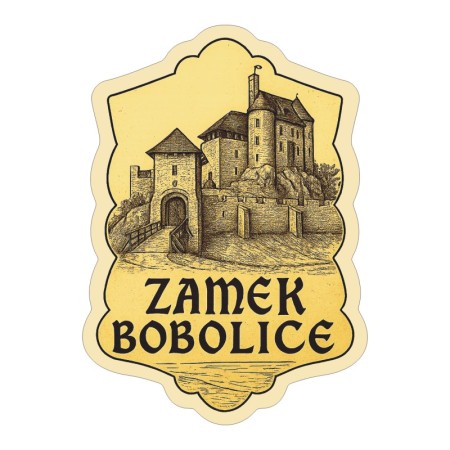 Naklejka Zamek Bobolice w stylu ryciny w odcieniach sepii. Naklejka jest wodoodporna, z kremową obwódką.