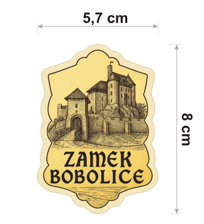 W stylu ryciny, w odcieniach sepii, wodoodporna naklejka o wysokości 8 cm. Naklejka przedstawia Zamek Bobolice i na dole napis: Zamek Bobolice.