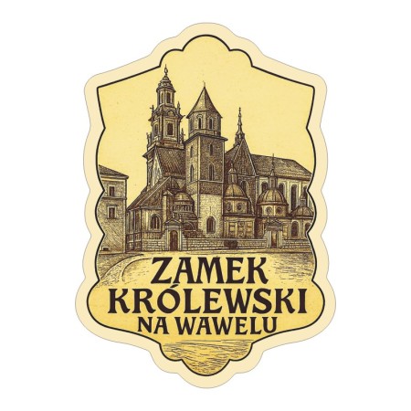 Naklejka Zamek Królewski na Wawelu w stylu ryciny w odcieniach sepii. Naklejka jest wodoodporna, z kremową obwódką.