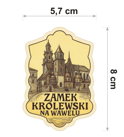W stylu ryciny, w odcieniach sepii, wodoodporna naklejka o wysokości 8 cm. Naklejka przedstawia Zamek Królewski na Wawelu i na dole napis: Zamek Królewski na Wawelu.