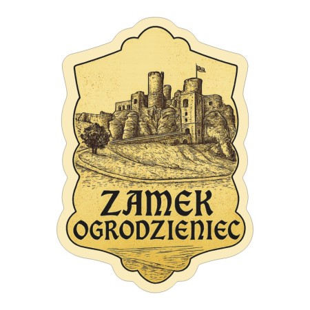 Naklejka Zamek Ogrodzieniec w stylu ryciny w odcieniach sepii. Naklejka jest wodoodporna, z kremową obwódką.