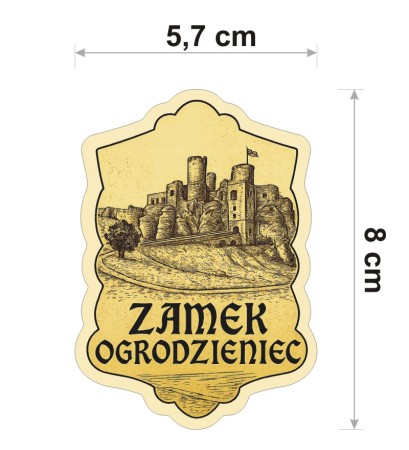W stylu ryciny, w odcieniach sepii, wodoodporna naklejka z Zamkiem Ogrodzieniec o wysokości 8 cm. Na dole napis: Zamek Ogrodzieniec.