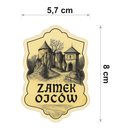 W stylu ryciny, w odcieniach sepii, wodoodporna naklejka z Zamkiem Ojców o wysokości 8 cm. Na dole napis: Zamek Ojców.