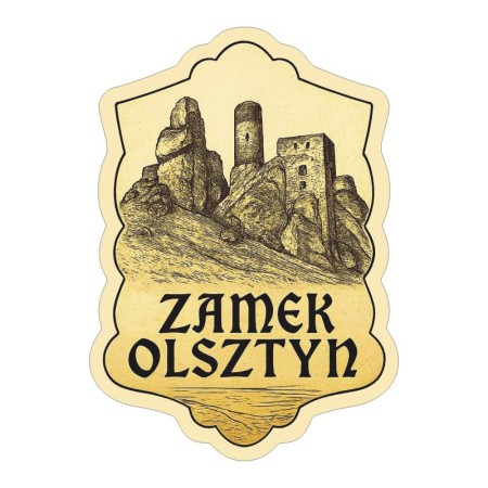 Naklejka Zamek Olsztyn koło Częstochowy w stylu ryciny w odcieniach sepii. Naklejka jest wodoodporna, z kremową obwódką.