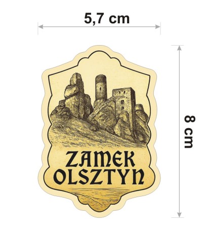 W stylu ryciny, w odcieniach sepii, wodoodporna naklejka z Zamkiem Olsztyn koło Częstochowy o wysokości 8 cm. Na dole napis: Zamek Olsztyn.
