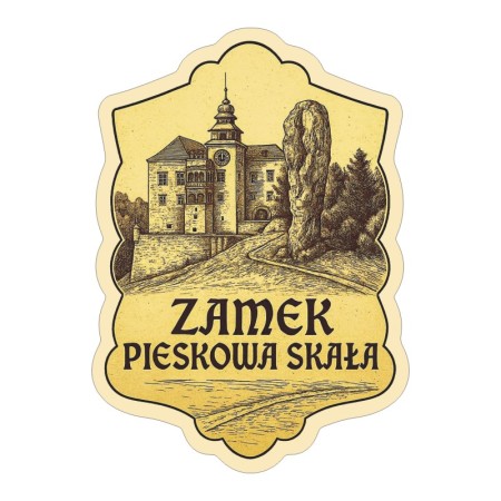 Naklejka Zamek Pieskowa Skała w stylu ryciny w odcieniach sepii. Naklejka jest wodoodporna, z kremową obwódką.