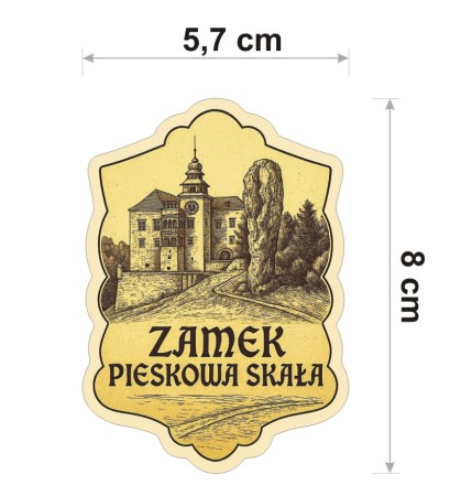 W stylu ryciny, w odcieniach sepii, wodoodporna naklejka z Zamkiem Pieskowa Skała o wysokości 8 cm. Na dole napis: Zamek Pieskowa Skała.