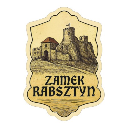 Naklejka Zamek Rabsztyn w stylu ryciny w odcieniach sepii. Naklejka jest wodoodporna, z kremową obwódką.