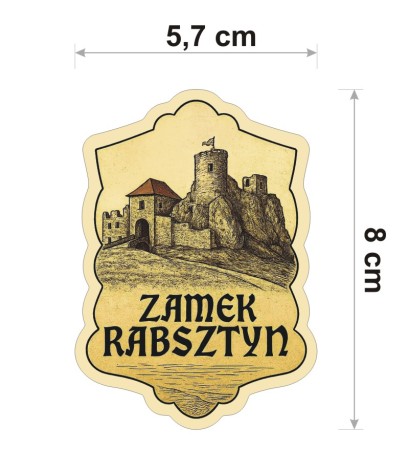 W stylu ryciny, w odcieniach sepii, wodoodporna naklejka z Zamkiem Rabsztyn o wysokości 8 cm. Na dole napis: Zamek Rabsztyn.