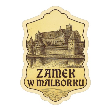 Naklejka Zamek w Malborku w stylu ryciny w odcieniach sepii. Naklejka jest wodoodporna, z kremową obwódką.