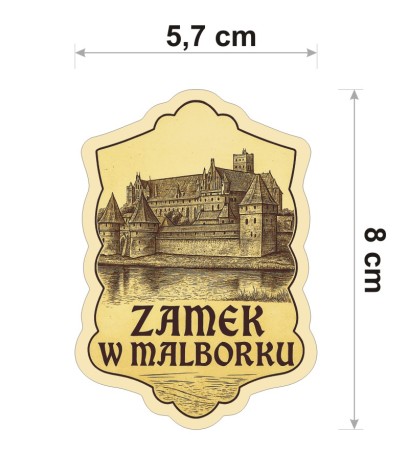 W stylu ryciny, w odcieniach sepii, wodoodporna naklejka z Zamkiem w Malborku o wysokości 8 cm. Na dole napis: Zamek w Malborku.