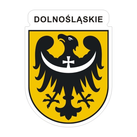 Naklejka z herbem województwa dolnośląskiego i napisem Dolnośląskie. Naklejka jest wodoodporna, z białą obwódką.