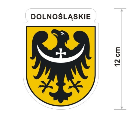 Wodoodporna naklejka z herbem województwa dolnośląskiego o wysokości 12 cm. Na górze napis: Dolnośląskie.