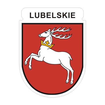 Naklejka z herbem województwa lubelskiego i napisem Lubelskie. Naklejka jest wodoodporna, z białą obwódką.