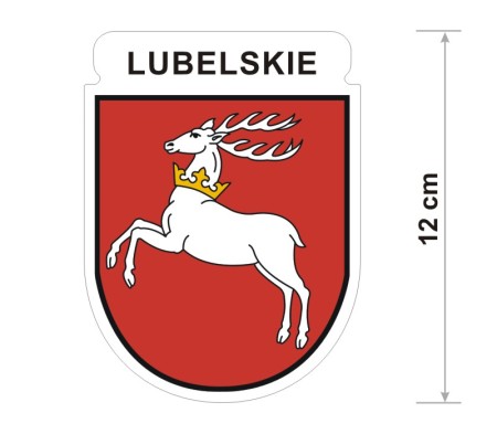 Wodoodporna naklejka z herbem województwa lubelskiego o wysokości 12 cm. Na górze napis: Lubelskie.