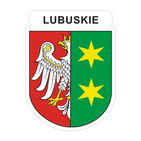 Naklejka z herbem województwa lubuskiego i napisem Lubuskie. Naklejka jest wodoodporna, z białą obwódką.