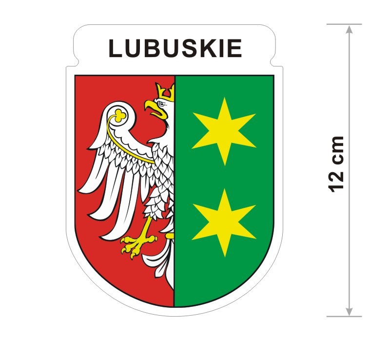 Wodoodporna naklejka z herbem województwa lubuskiego o wysokości 12 cm. Na górze napis: Lubuskie.