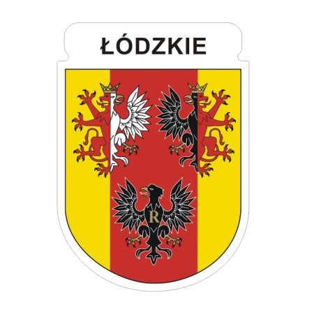Naklejka z herbem województwa łódzkiego i napisem Łódzkie. Naklejka jest wodoodporna, z białą obwódką.