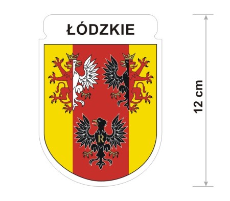 Wodoodporna naklejka z herbem województwa łódzkiego o wysokości 12 cm. Na górze napis: Łódzkie.