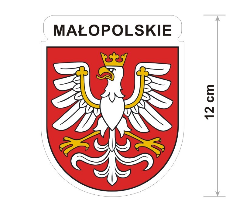 Wodoodporna naklejka z herbem województwa Małopolskiego o wysokości 12 cm. Na górze napis: Małopolskie.
