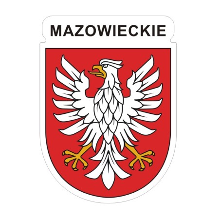 Naklejka z herbem województwa mazowieckiego i napisem Mazowieckie. Naklejka jest wodoodporna, z białą obwódką.