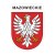 Naklejka z herbem województwa mazowieckiego i napisem Mazowieckie. Naklejka jest wodoodporna, z białą obwódką.