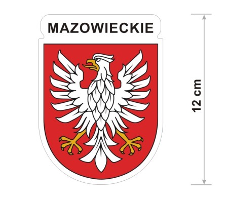 Wodoodporna naklejka z herbem województwa mazowieckiego o wysokości 12 cm. Na górze napis: Mazowieckie.