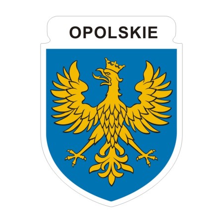 Naklejka z herbem województwa opolskiego i napisem Opolskie. Naklejka jest wodoodporna, z białą obwódką.