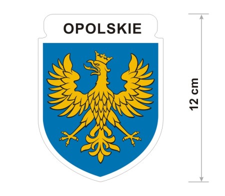 Wodoodporna naklejka z herbem województwa opolskiego o wysokości 12 cm. Na górze napis: Opolskie.