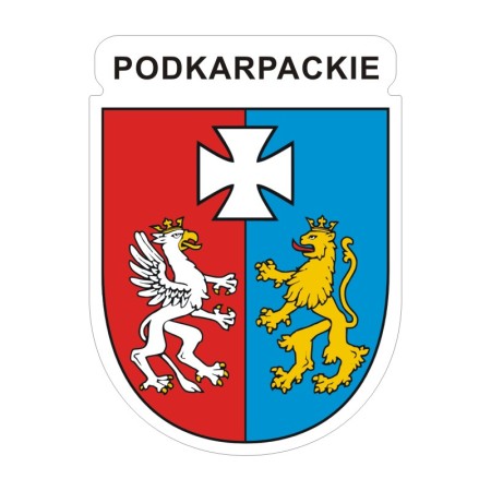 Naklejka z herbem województwa podkarpackiego i napisem Podkarpackie. Naklejka jest wodoodporna, z białą obwódką.